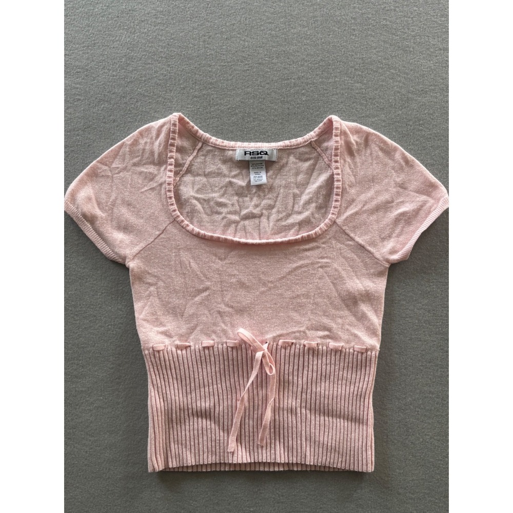 RSQ‎ Knit Top Extra Small Pink Balletcore Ribbon Bow Scoop Neck Ribbed Fitted